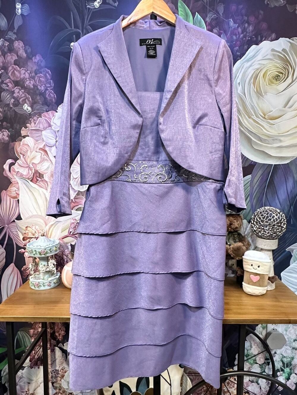 Midnight Velvet 14 Embellished Tiered Midi Dress Jacket Set Glam Formal Evening